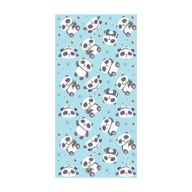 dywan chodnik Śliczne misie panda z kranem i serduszkami Pastelowy niebieski