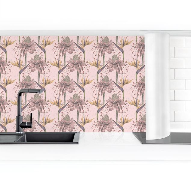 Panel ścienny do kuchni - Floral Elegance Vintage Strelitzia On Pink Backdrop XXL