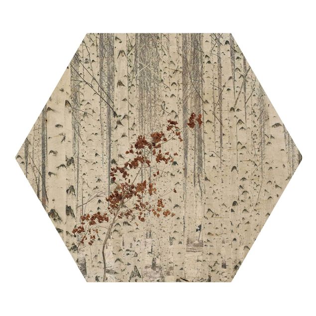 Obraz heksagonalny z drewna - Brzozy jesienią