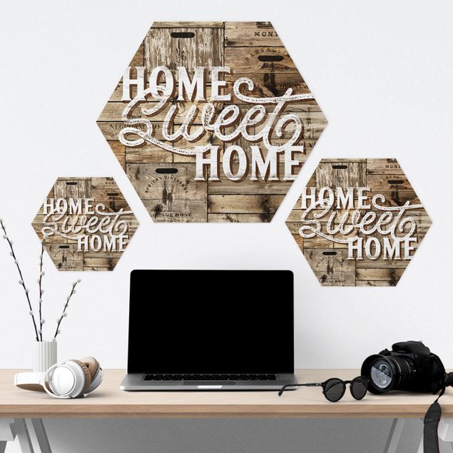 Obraz heksagonalny Ściana drewniana w stylu "Home sweet home".
