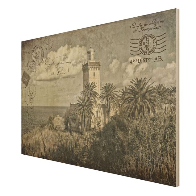 Obrazy Pocztówka w stylu vintage z latarnią morską i palmami