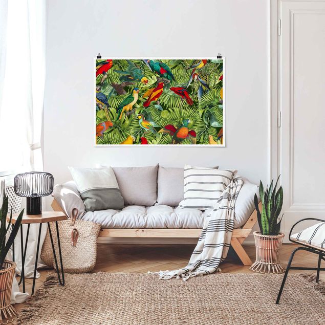 Obrazy do salonu Kolorowy kolaż - Papugi w dżungli