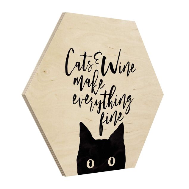 Obraz heksagonalny z drewna - Koty i wino sprawiają, że wszystko jest w porządku