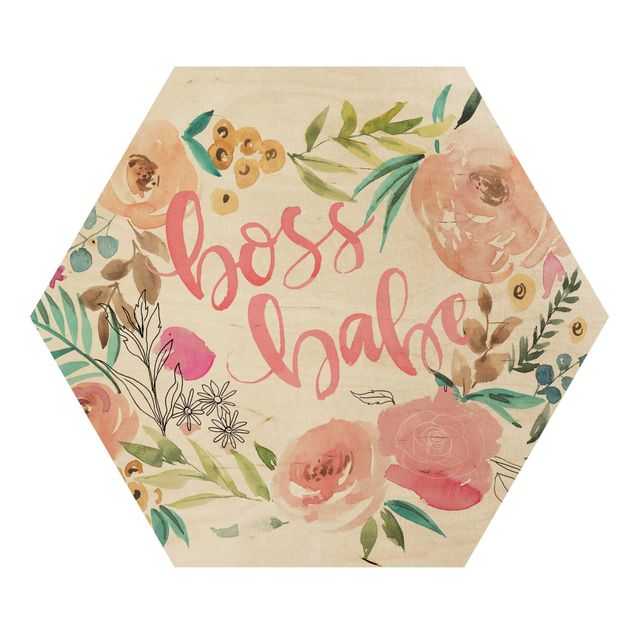 Obraz heksagonalny z drewna - Pink Blossoms - Boss Babe