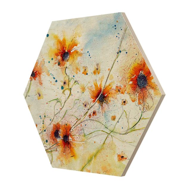 Obraz heksagonalny z drewna - Malowane kwiaty