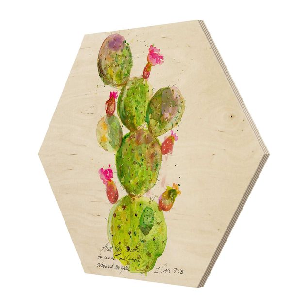 Obraz heksagonalny z drewna - Kaktus z wersetem biblijnym III