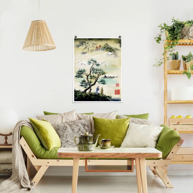 Obrazy do salonu Japońska akwarela Drzewo sosnowe i górska wioska