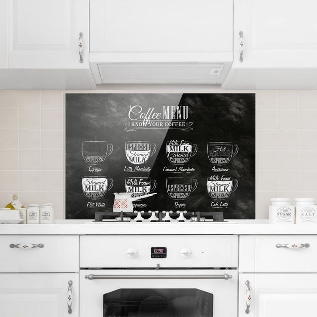 Panel szklany do kuchni Tablica kredowa z odmianami kawy