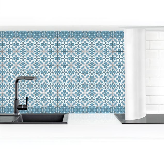 Panel ścienny do kuchni - Płytka geometryczna Mix kwiatów niebieski szary