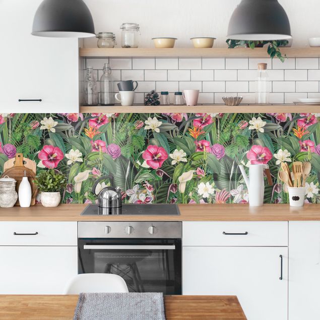 Panel szklany do kuchni Kolaż kolorowych kwiatów tropikalnych