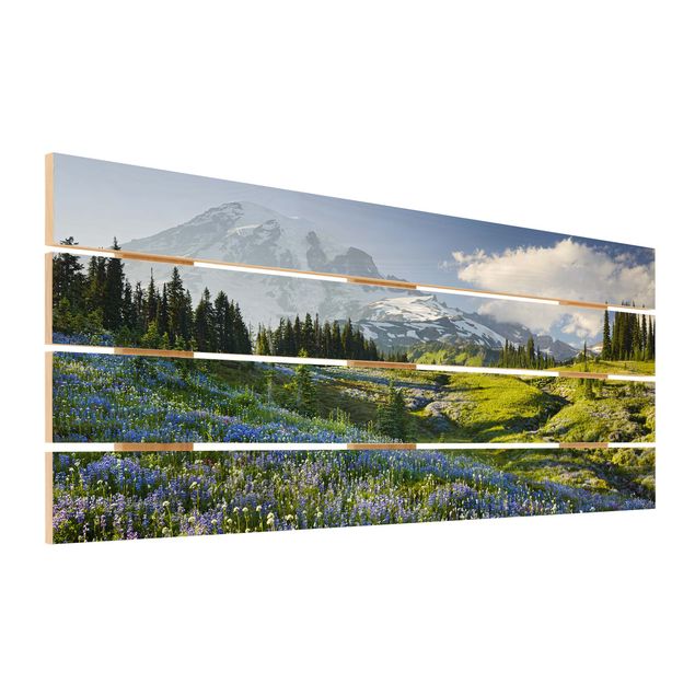 Obraz z drewna - Mountain Meadow With Blue Flowers in Front of Mt. Rainier