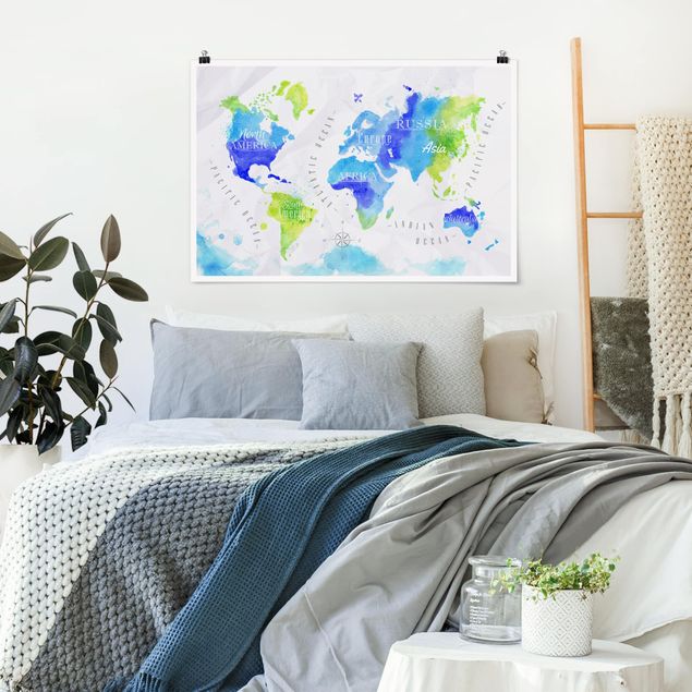 Obrazy do salonu Mapa świata akwarela niebiesko-zielona