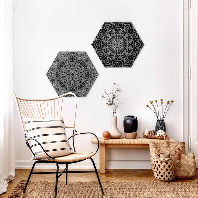 Obraz heksagonalny z Forex 2-częściowy - Wzór mandali z kwiatami i gwiazdami Czarny