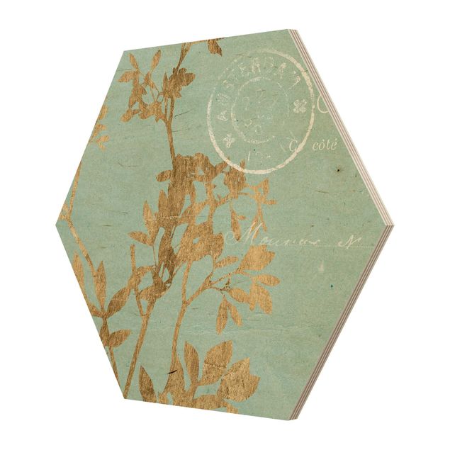 Obraz heksagonalny z drewna - Złote liście na turkusie I
