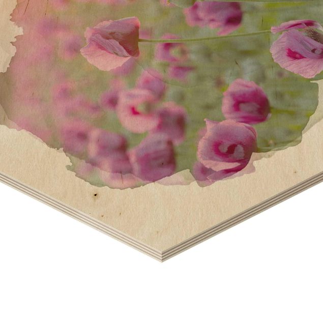 Obraz heksagonalny z drewna - Akwarele - Fioletowa łąka maków opiumowych na wiosnę