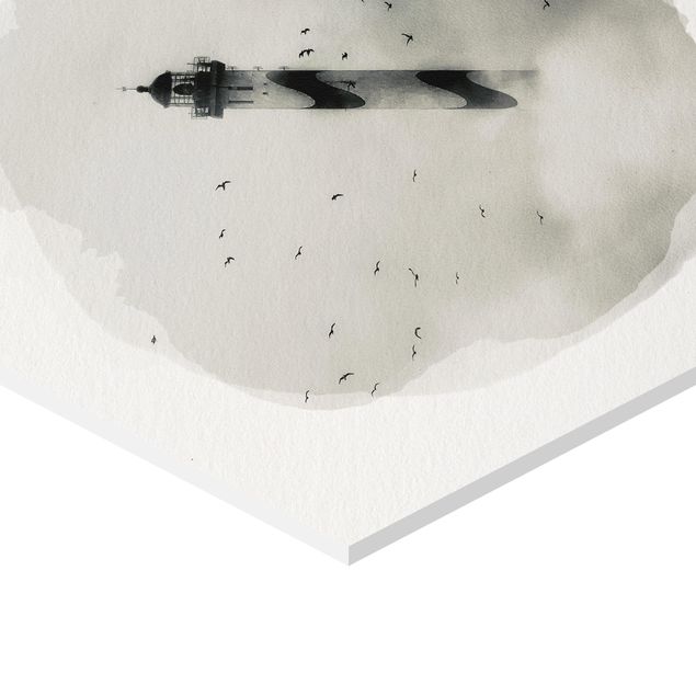 Obrazki czarno białe Akwarele - Latarnia morska we mgle