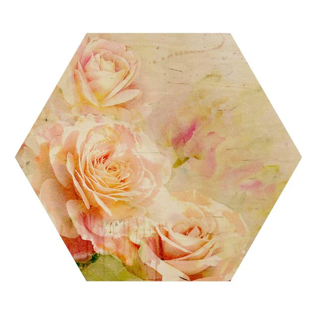 Obraz heksagonalny z drewna - Akwarela Kompozycja róż
