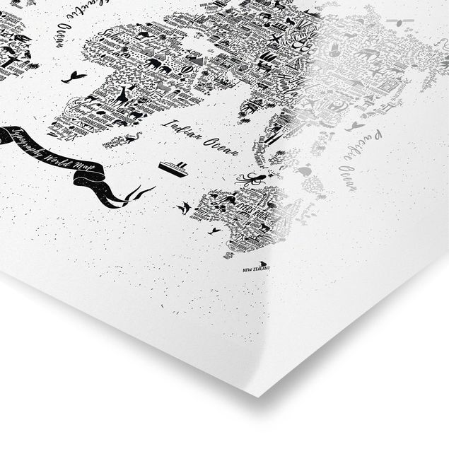 Czarno białe obrazy Typografia Mapa świata biała