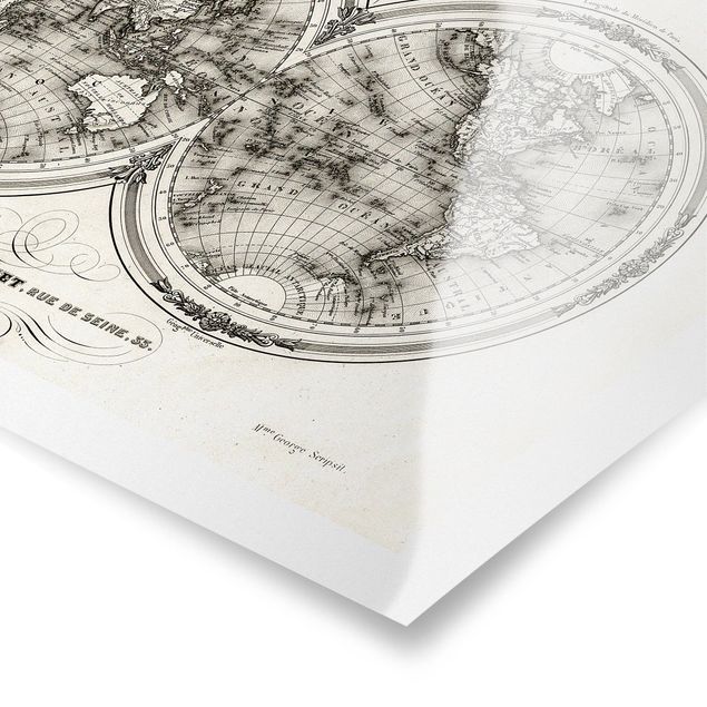 Czarno białe plakaty Mapa świata - francuska mapa półkul z 1848 r.