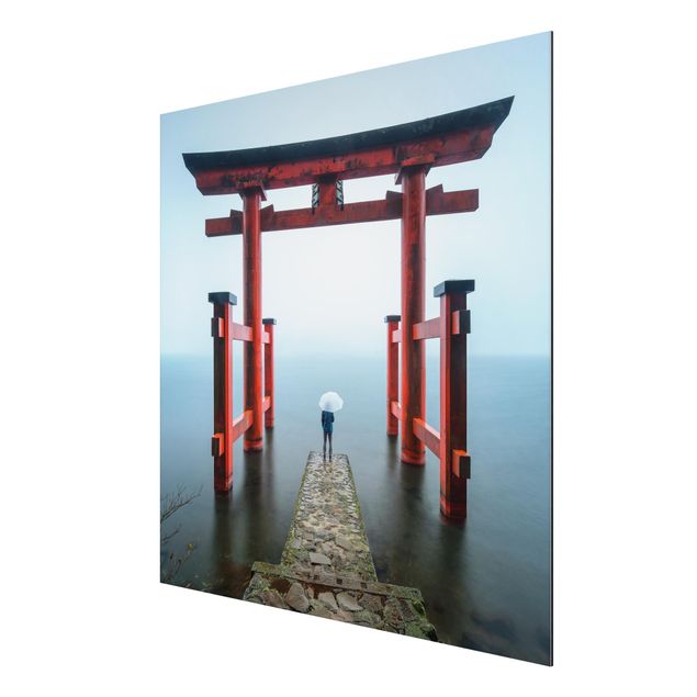 Nowoczesne obrazy do salonu Czerwone torii nad jeziorem Ashi
