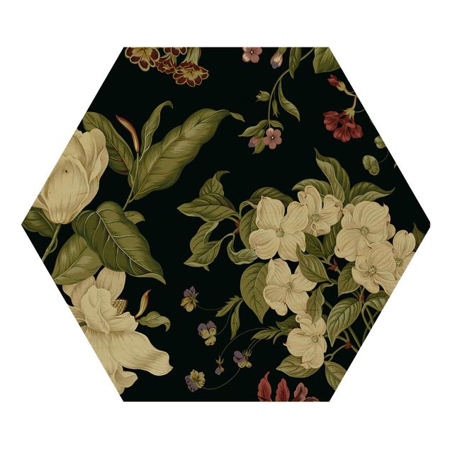 Obraz heksagonalny z drewna - Kwiaty ogrodowe na czarnym tle I