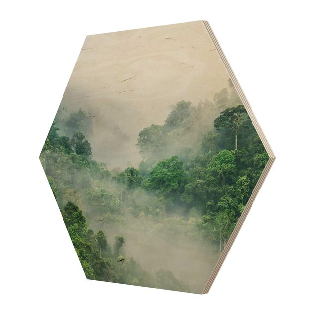 Obraz heksagonalny z drewna - Dżungla we mgle