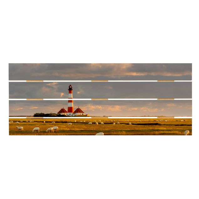 Obrazy na drewnie Latarnia morska na Morzu Północnym ze stadem owiec