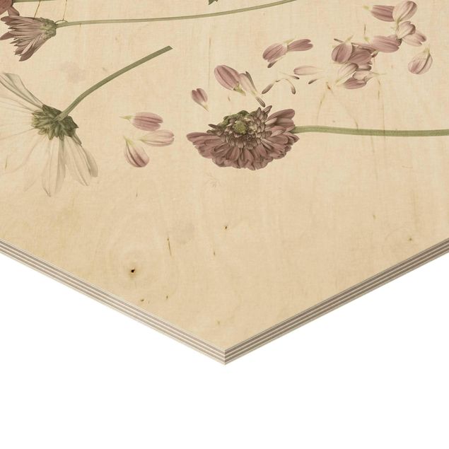 Obraz heksagonalny z drewna - Herbarium w kolorze różowym II
