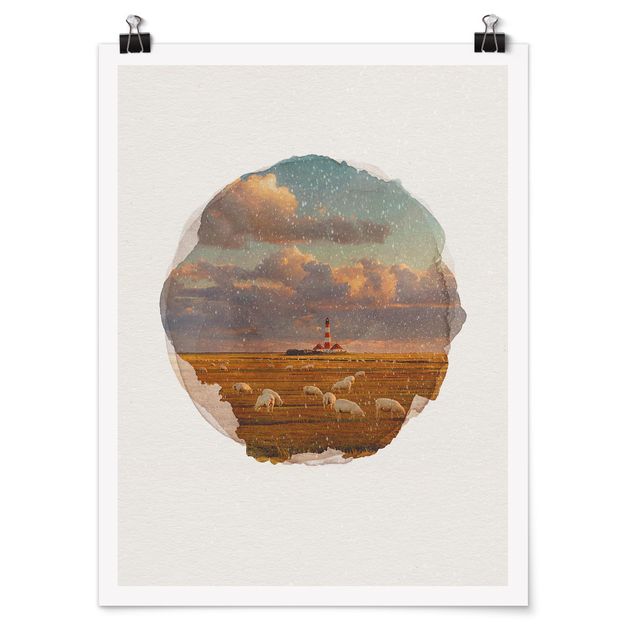 Morze obraz Akwarele - Latarnia morska na Morzu Północnym ze stadem owiec