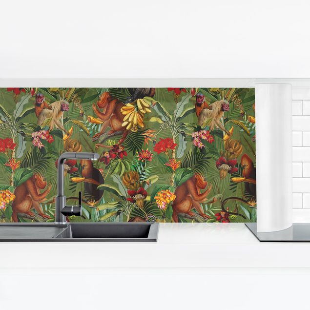Panel szklany do kuchni Tropikalne kwiaty z małpami I