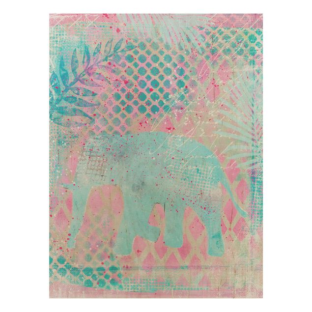 Andrea Haase obrazy  Kolorowy kolaż - słoń w kolorze niebieskim i różowym