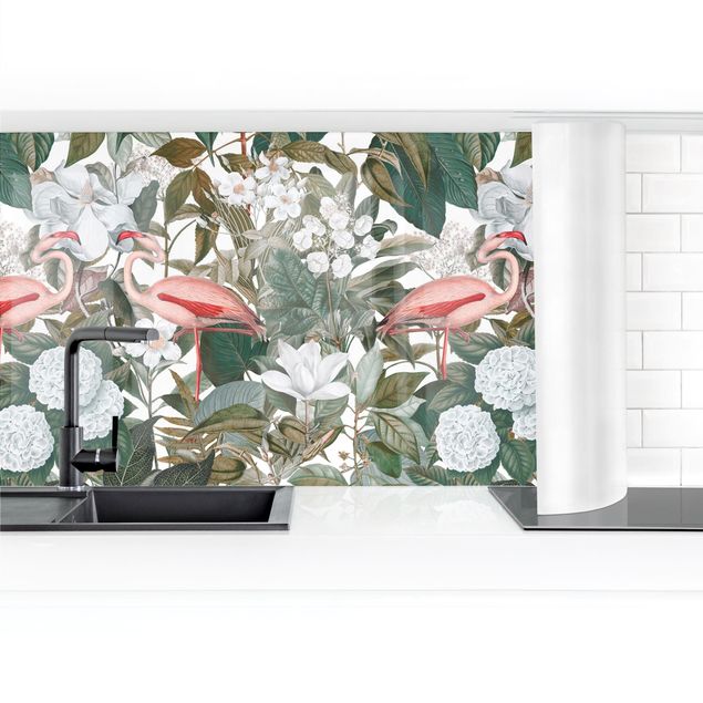 Panele szklane do kuchni Różowe flamingi z liśćmi i białymi kwiatami II