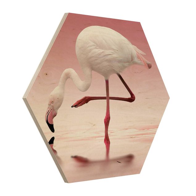 Obraz heksagonalny z drewna - Taniec flamingów