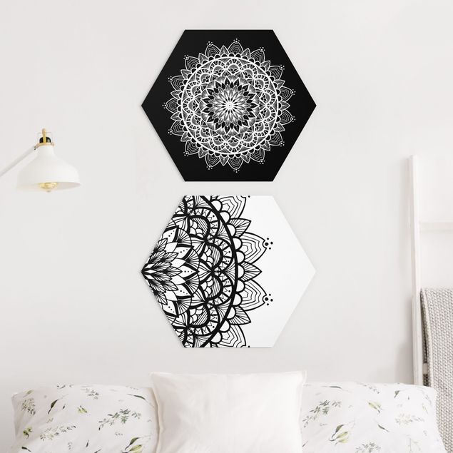 Obraz heksagonalny z Alu-Dibond 2-częściowy - Mandala Ilustracja shabby Zestaw czarno-biały