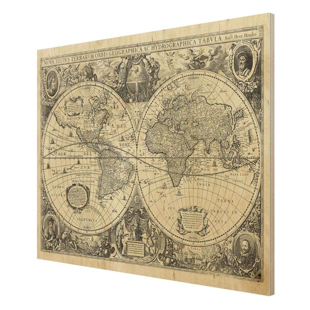Obrazy drewniane zabytkowa mapa świata antyczna ilustracja