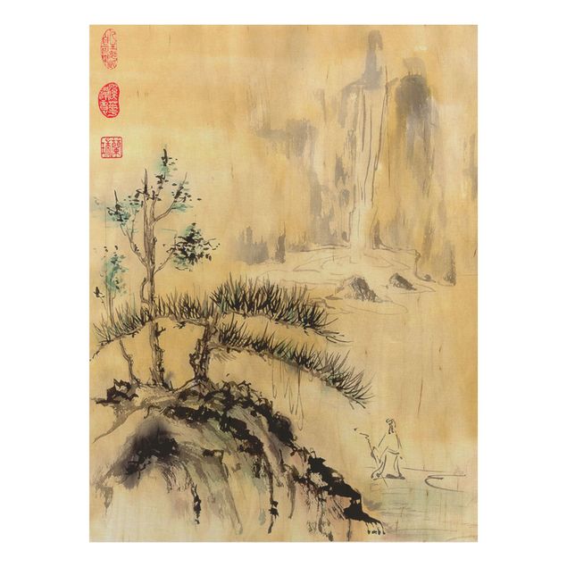 Obrazy na ścianę Japońska akwarela Rysowanie cedrów i gór