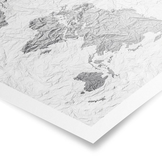 Plakaty czarno białe Papierowa mapa świata biała szara
