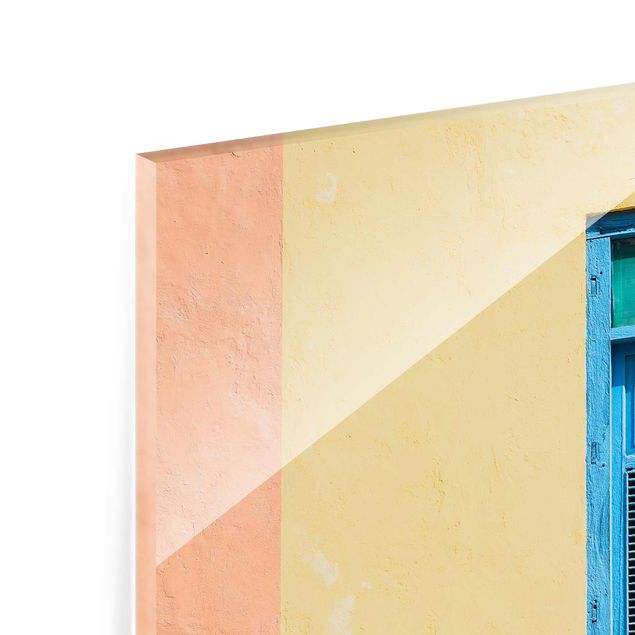 Obrazy na szkle artyści Kolorowa ściana Niebieskie drzwi