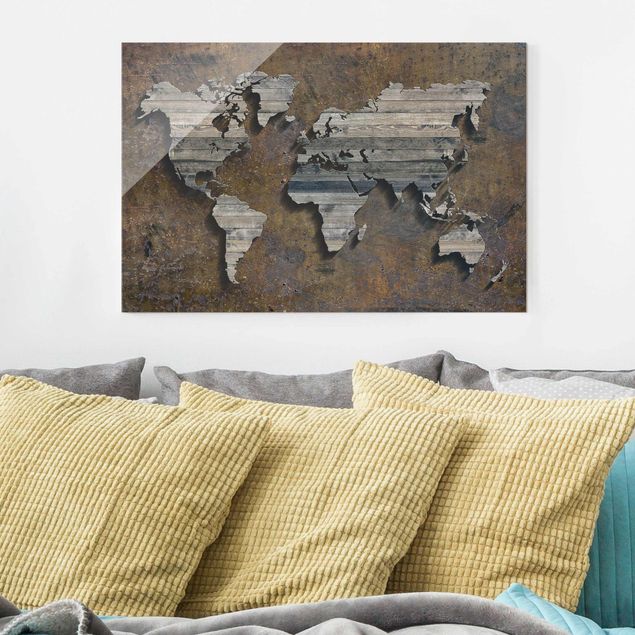 Obrazy na szkle architektura i horyzont Mapa świata z rdzą drewna