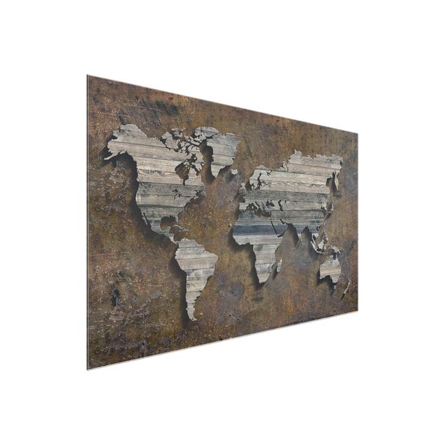 Obrazy na szkle mapy Mapa świata z rdzą drewna