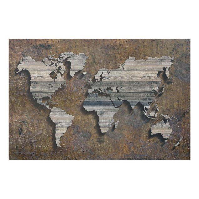 Nowoczesne obrazy do salonu Mapa świata z rdzą drewna