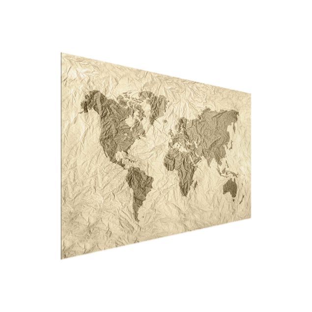 Obrazy na szkle mapy Papierowa mapa świata beżowo-brązowa