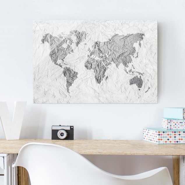 Dekoracja do kuchni Papierowa mapa świata biała szara