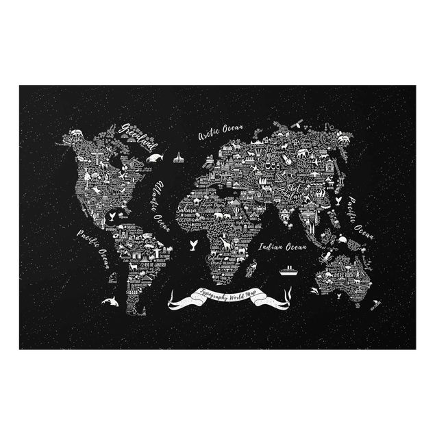 Obrazy na szkle powiedzenia Typografia mapa świata czarna