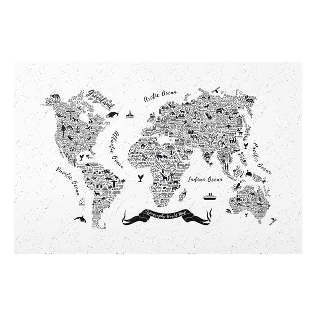 Obrazy na szkle powiedzenia Typografia Mapa świata biała