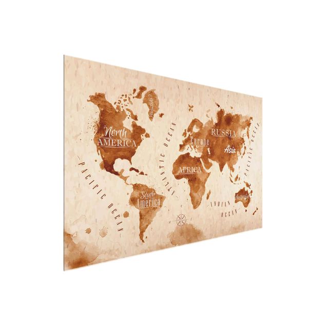 Obrazy na szkle poziomy Mapa świata akwarela beżowo-brązowa