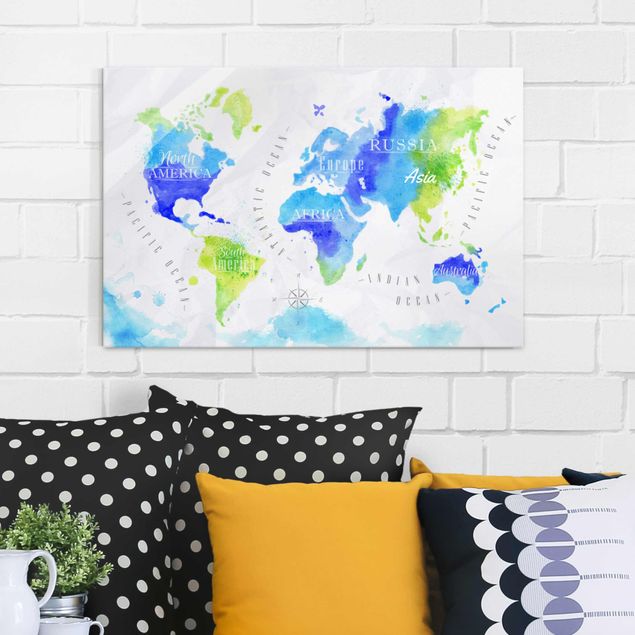 Obrazy na szkle architektura i horyzont Mapa świata akwarela niebiesko-zielona