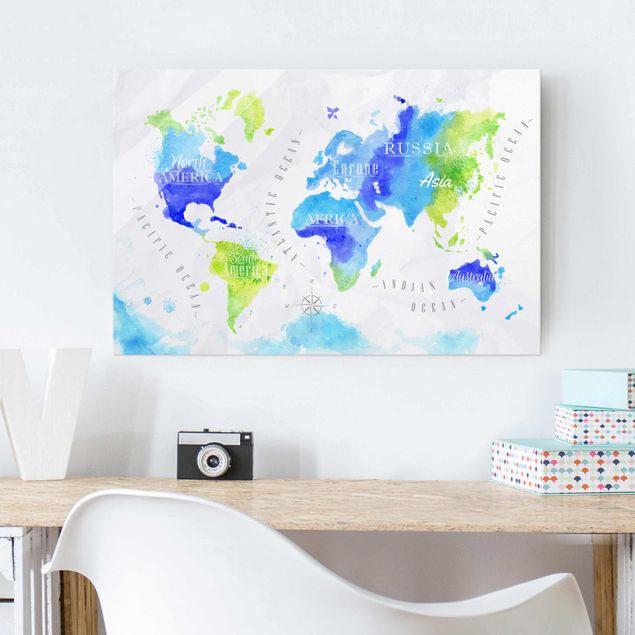 Dekoracja do kuchni Mapa świata akwarela niebiesko-zielona