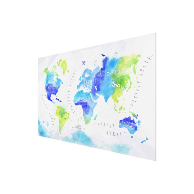 Obrazy nowoczesne Mapa świata akwarela niebiesko-zielona