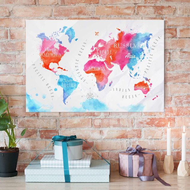 Dekoracja do kuchni Mapa świata akwarela czerwona niebieska
